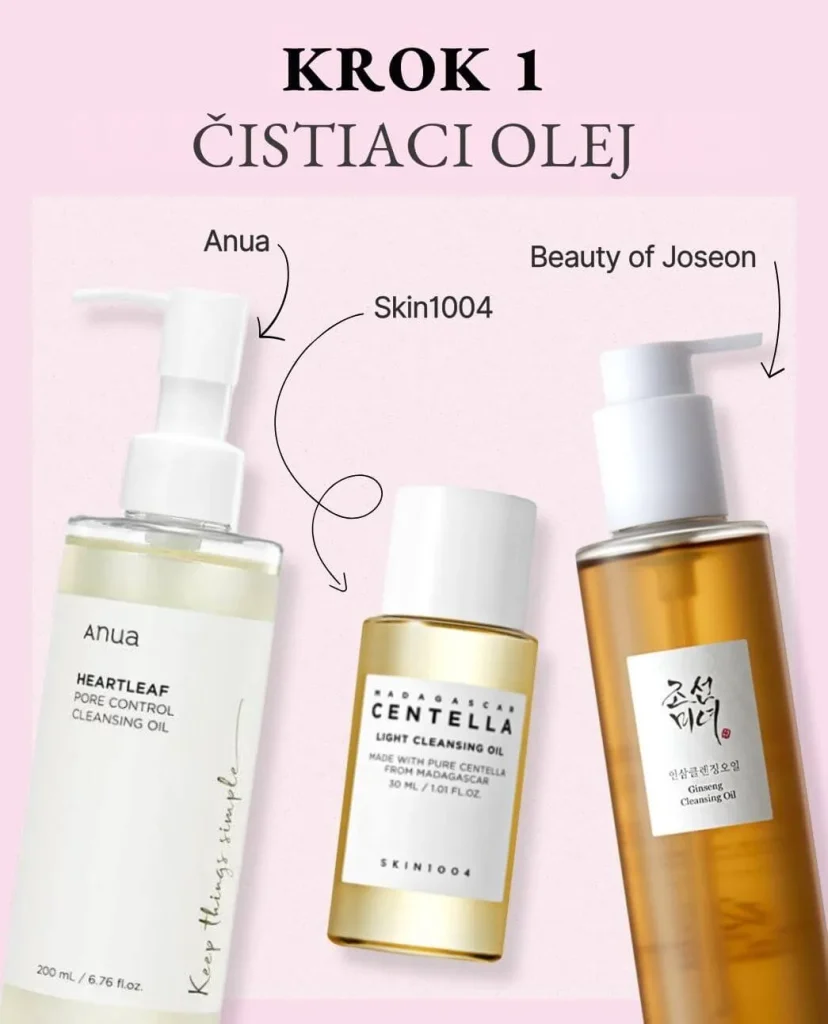 Krok 1 kórejskej rutiny: Odličovací olej. Na svetloružovom pozadí tri čistiace produkty: Anua Heartleaf Pore Control, Skin1004 Centella Light Cleansing Oil a Beauty of Joseon Ginseng Cleansing Oil.