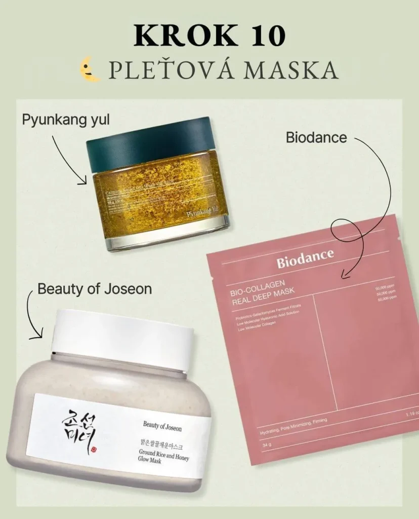 Krok 10 kórejskej rutiny: (Večerná) Pleťová maska. Na mentolovom pozadí pleťové masky: Pyunkang Yul Calming Relief, Beauty of Joseon Ground Rice and Honey a kolagénová maska Biodance.