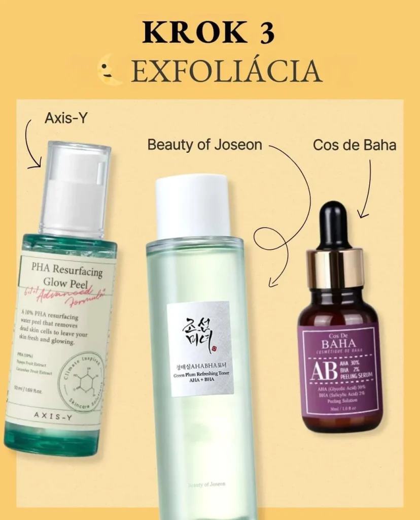 Krok 3 kórejskej rutiny: (Večerný) Peeling. Na žltom pozadí exfoliačné produkty: Axis-Y PHA Resurfacing Glow Peel, Beauty of Joseon Green Plum Toner a Cos De Baha AHA BHA sérum.