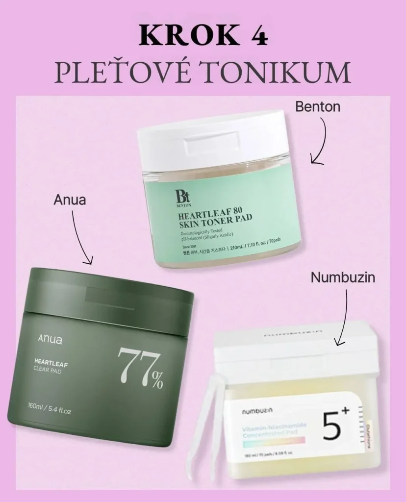 Krok 4 kórejskej rutiny: Tonikum. Na fialovom pozadí tonizačné tampóny značiek Anua, Benton (Heartleaf 80) a Numbuzin (No. 5 Vitamin-Niacinamide).