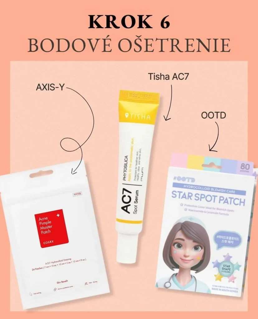 Krok 6 kórejskej rutiny: Lokálna liečba. Na broskyňovom pozadí produkty na cielené ošetrenie nedokonalostí: náplasti Axis-Y, sérum Tisha AC7 a hviezdicové náplasti OOTD.
