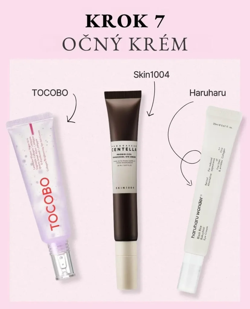 Krok 7 kórejskej rutiny: Očný krém. Na ružovom pozadí tri očné krémy: Tocobo Collagen Brightening, Skin1004 Centella Bakuchiol a Haruharu Wonder Black Rice.