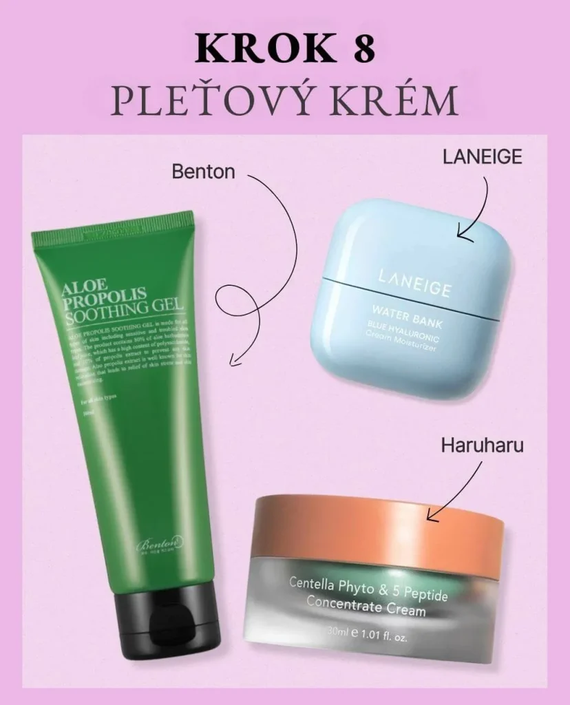Krok 8 kórejskej rutiny: Pleťový krém. Na fialovom pozadí hydratačné krémy: Benton Aloe Propolis Gel, Laneige Water Bank a Haruharu Wonder Centella Phyto krém.